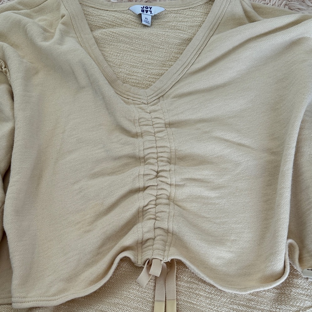 JoyLab Light Tan Ruched V-Neck Sweatshirt - Picture 3 of 4